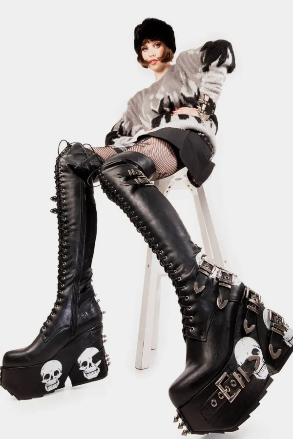 Lamoda Spikes | Skulls^Irrational Thoughts Chunky Platform Thigh High Boots